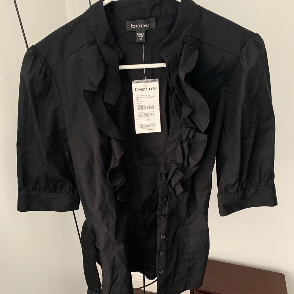 New With Tags! Bebe Black Ruffle Top Size M